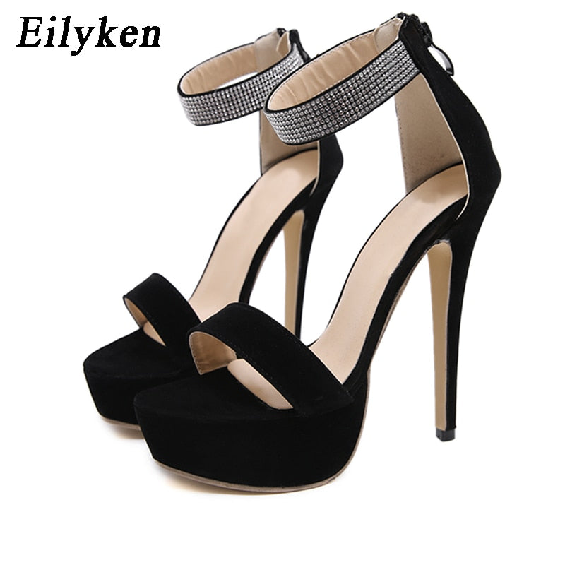 Eilyken Platform Heels Zip Sandals Women Summer High Heels Shoes Crystal Peep Toe Slides Black Zapatos Mujer Hollow Pumps - KMTELL