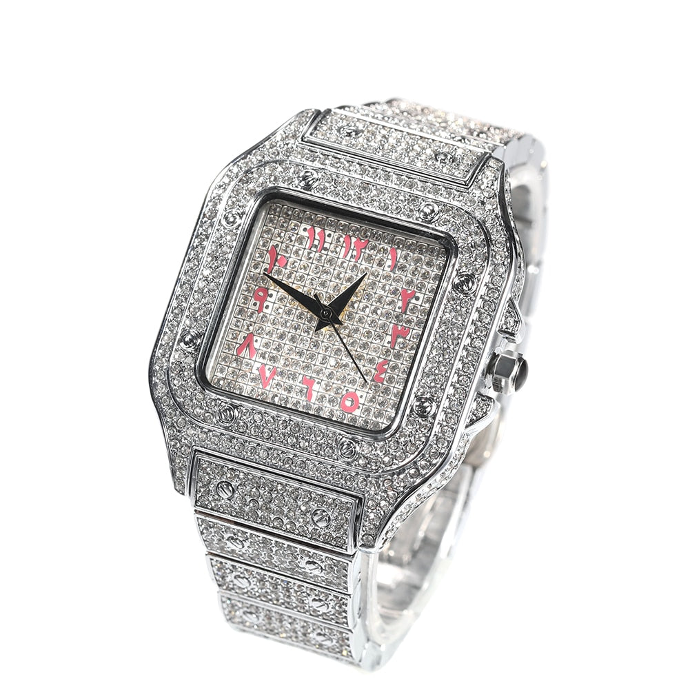 Hip Hop Full Iced Out Full Drill Men Square Watches Stainless Steel Fashion Luxury Rhinestones Quartz Square Business Watch - KMTELL