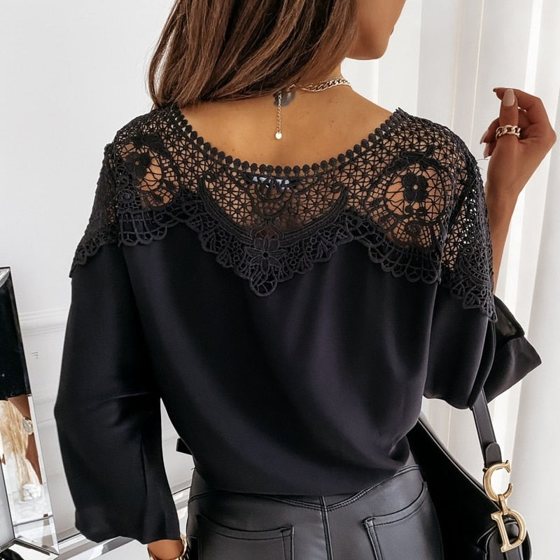 New Crochet Embroidery Lace Blouses Women Autumn Sexy Lace Stitching White Shirts Vintage Elegant Ladies Tops Blusas 12459 - KMTELL