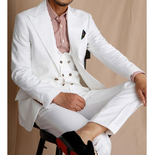White Groom Tuxedo for Wedding 3 piece Slim fit Men Suits with Peaked Lapel Casual Male Fashion Clothes Set Jacket Vest Pants - kmtell.com