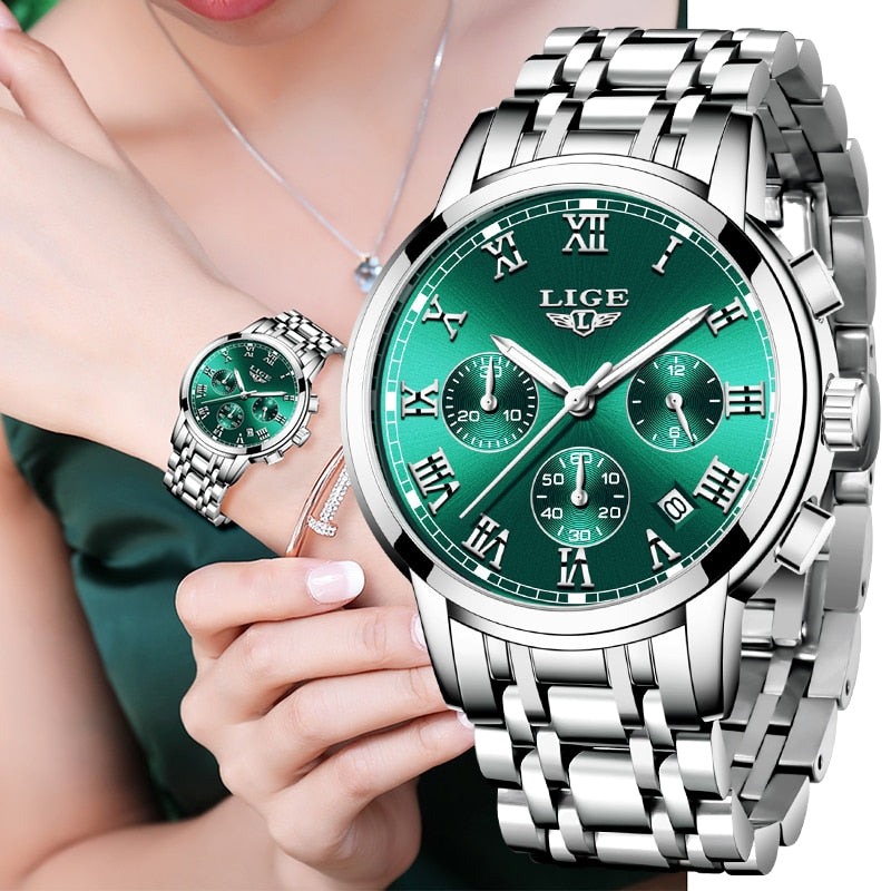 2022 LIGE Ladies Watches Top Brand Luxury Fashion Stainless Steel Watch Women Chronograph Quartz Clock Waterproof Wristwatch+Box - KMTELL