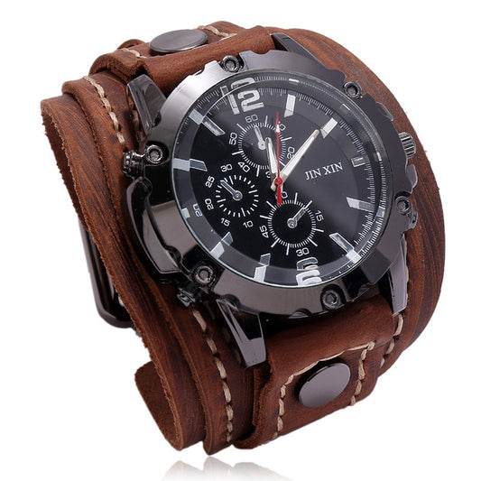 Mens Quartz Watches Jessingshow Luxury Wristwatch 2023 Cowhide Watchband Punk Style Watch for Men Wide Genuine Leather Bracelets - kmtell.com