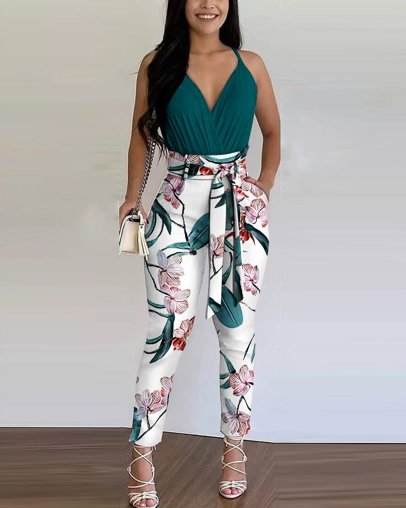 Summer Women 2 Pieces Plain Ruched Top &amp; Floral Print Pants Colorblock Set With Belt 2023 Femme Casual Outfits y2k Overalls - kmtell.com
