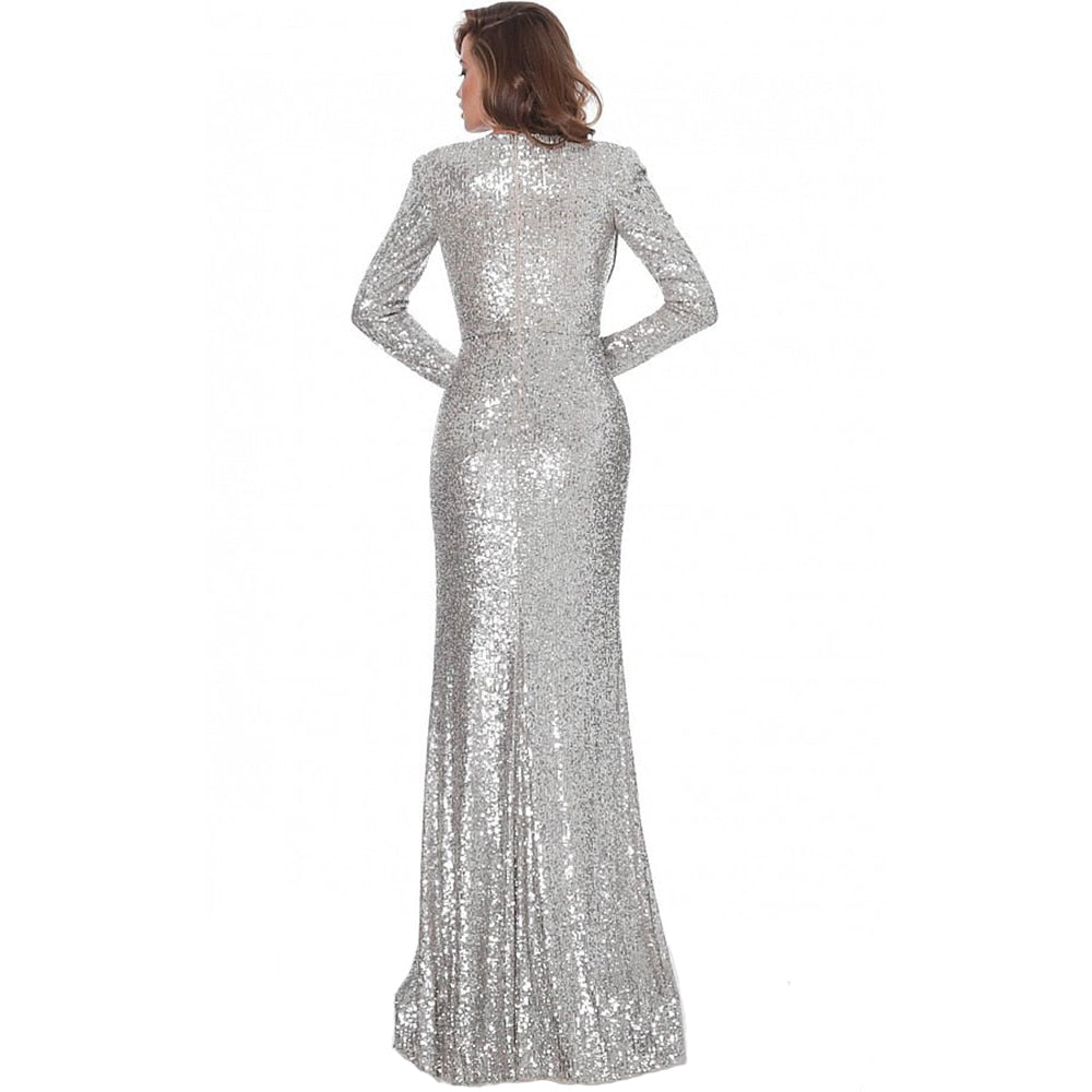 Silver V Neck Full sleeved Autumn Winter Evening Party Dress Gown Sequined Stretchy Long Maxi Dress - kmtell.com