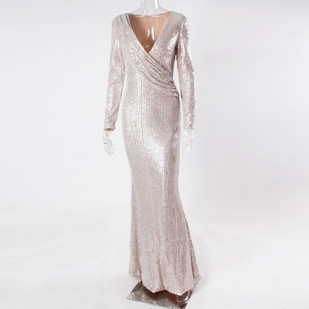 Silver V Neck Full sleeved Autumn Winter Evening Party Dress Gown Sequined Stretchy Long Maxi Dress - kmtell.com