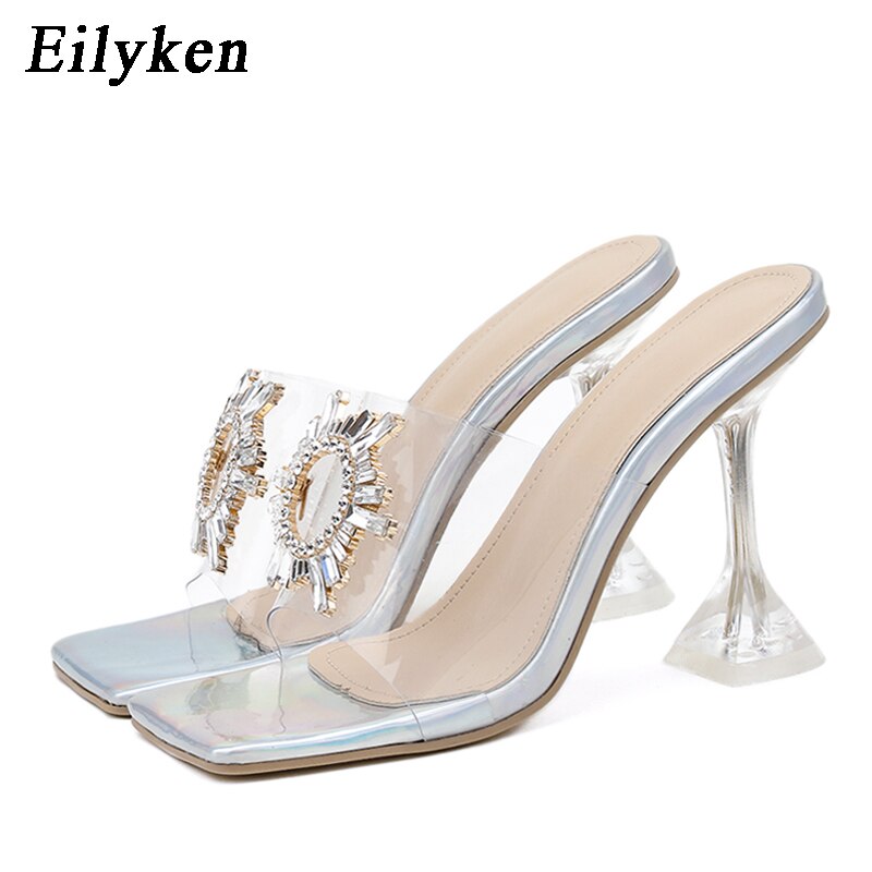 Eilyken 2023 Women Slippers Transparent High Heels Sexy Square toe Fashion Rhinestone Bowtie Wedding Party For Lady shoes - kmtell.com