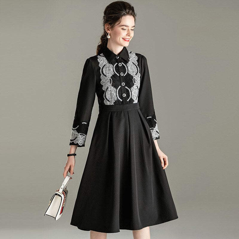 Lace dress 2020 spring new fashion Lapel single breasted Style Lace Panel A-line long sleeve peter pan collar dresses - kmtell.com