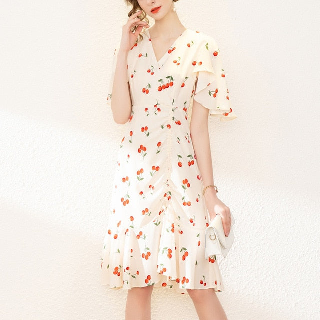 2021 new girlish dress sweet summer cherry print v-neck Lotus leaf sleeve pleated cute dress - kmtell.com