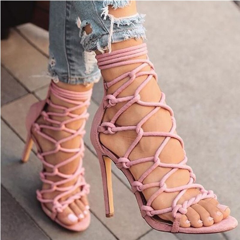 Women Gladiator Sandals Summer Sexy Casual Black Thin High Heel Cross Strap Pumps Female Cover Heel Zip Peep Toe Party Shoes - kmtell.com
