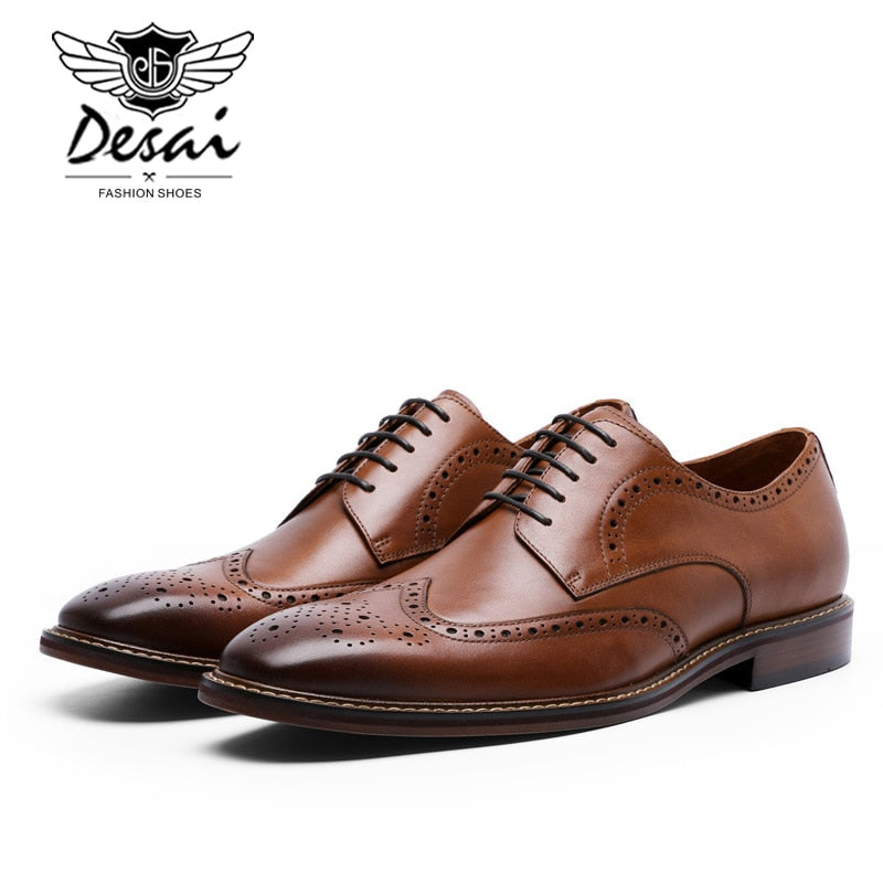 DESAI New Arrivals Men Business Dress Shoes Genuine Leather Brock Retro Gentleman Shoes Formal Carved Bullock Shoes Heightening - kmtell.com