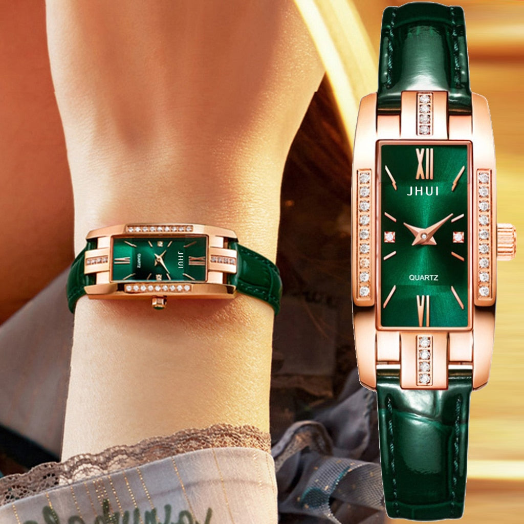 Luxury Watches Women Square Rose Gold Wrist Watches Green Leather Fashion Watches Female Ladies Quartz Clock Gifts montre femme - kmtell.com