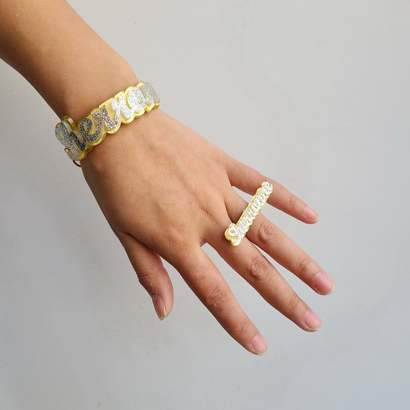Personalized Customized Name Bracelets for Women  Customize Unique Cuban Chain Custom Name Bracelet bangle ring set - KMTELL