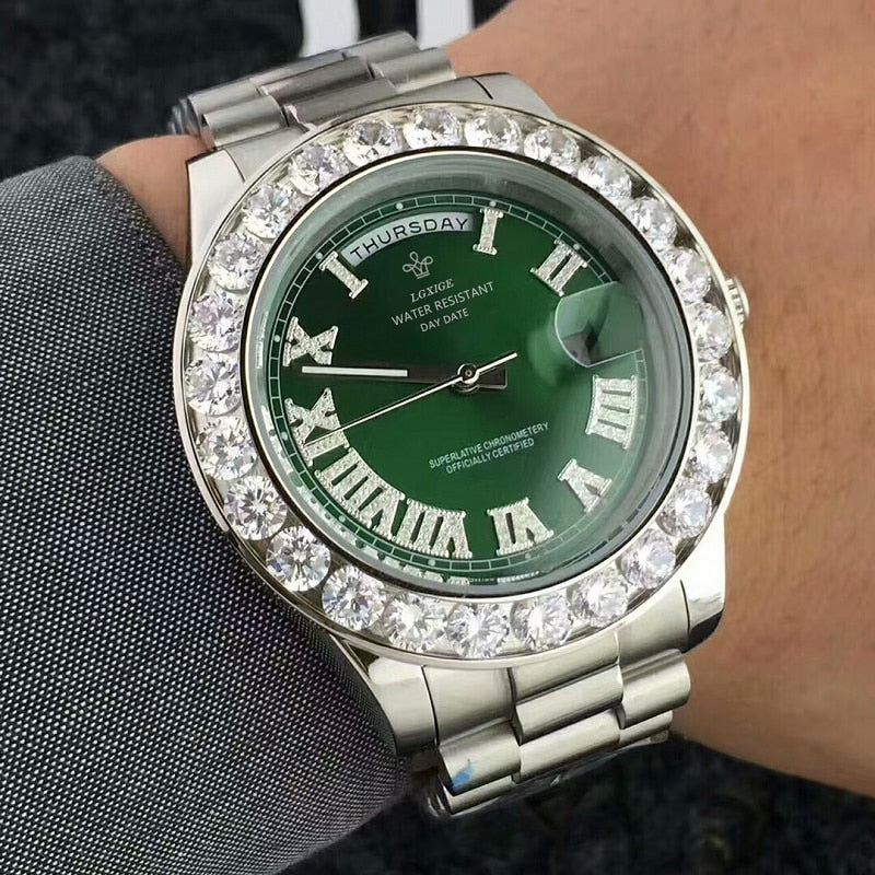 Big Diamond Luxury Brand Gold Watch Men Stainless Steel day-date Men&#39;s Wristwatch President Top Male Clock For relogio masculino - KMTELL