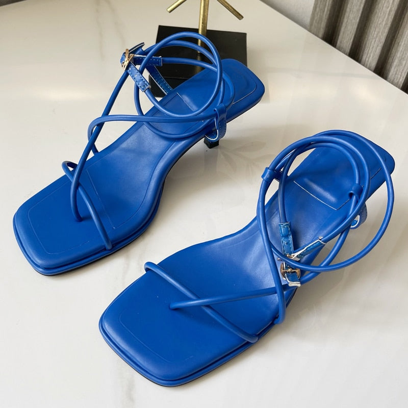 Eilyken Summer New Fashion Blue Women Sandal Thin High Heel Narrow Band Gladiator Pumps Square Toe Dress Shoes - kmtell.com