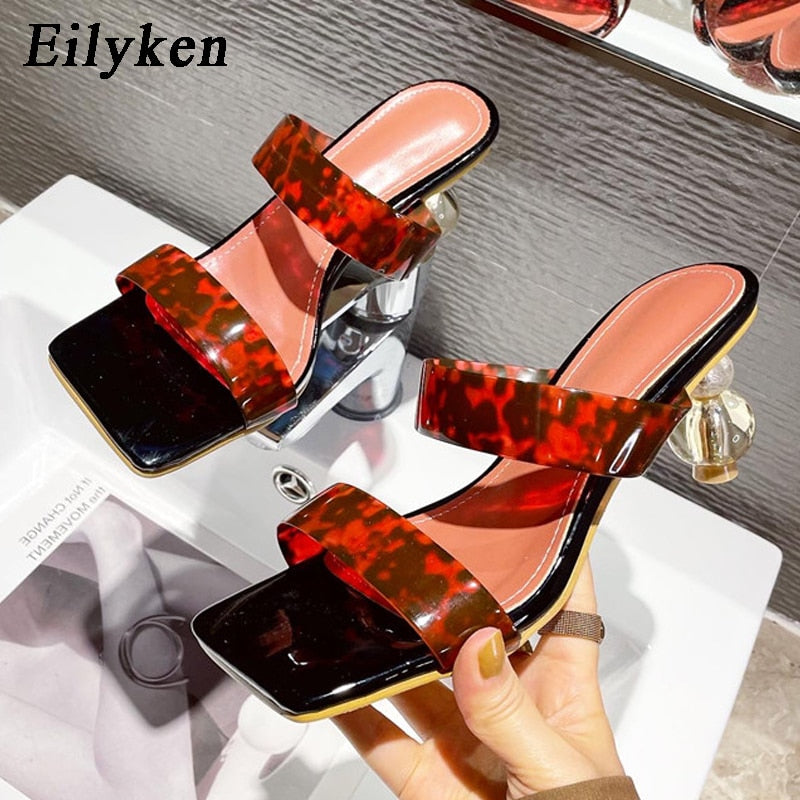 Eilyken 2023 New Summer Square Toe Ladies Slippers PVC Transparent Crystal Strange Style Clear Heel Women Leopard Grain Slides - kmtell.com