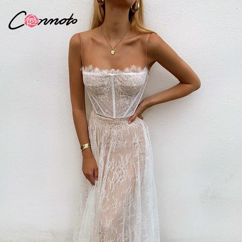 Conmoto lace white summer sexy maxi dresses women beach spaghetti strap backless dress plus size mesh femme long dress vestidos - kmtell.com