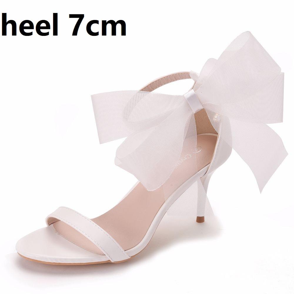 Crystal Queen Woman Sweet Bow Knot Elegant Ankle Strap Party Sandals Black Thin High Heels White Wedding Shoes Open Toe - kmtell.com