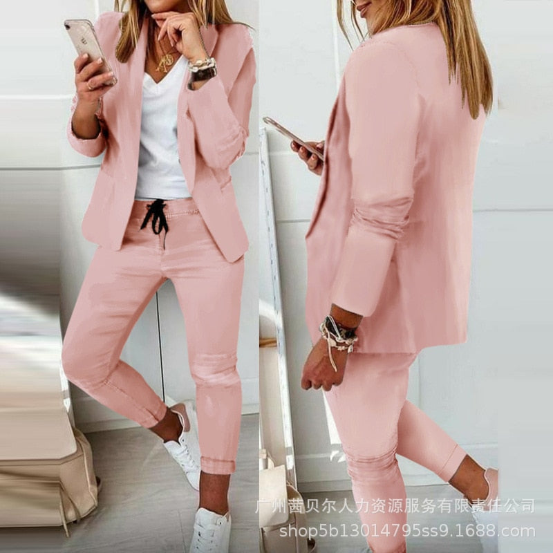 2021 Fall Women&#39;s New Products Lapel Double-breasted Blazer + Trousers Set - kmtell.com