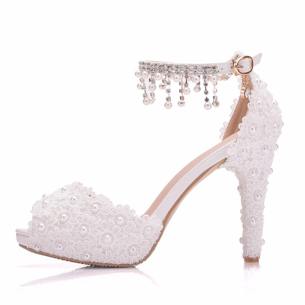 Crystal Queen Fashion Women Lace Platform Sandals High Heels Waterproof Female White Wedding Shoes Pointed Toe Peep - kmtell.com