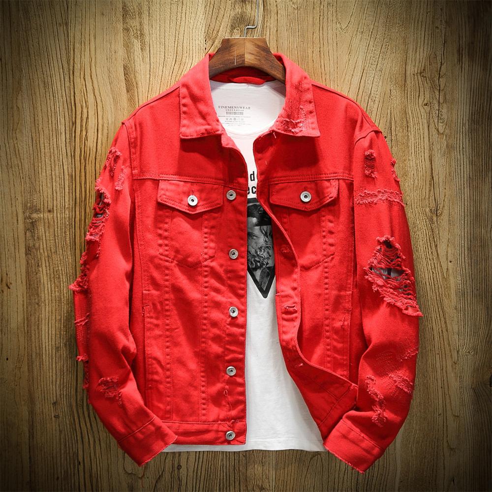Spring Autumn New Men&#39;s Jean Jacket Slim Fit Cotton Denim Jacket Red White Black Ripped Hole Jean Coats Men Outwear Plus size - KMTELL