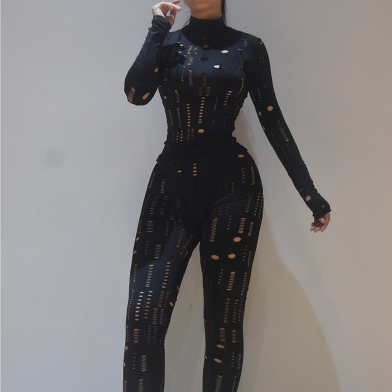 Women Autumn  Biker Style Two Piece Set Hollow Out Long Sleeve Turtleneck Top+Solid Sheath Stretchy Waist Female Pants - kmtell.com