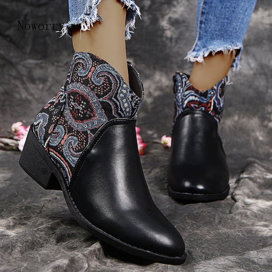 Women Ankle Boots Retro Braided Boots Women Rope Embossing Pu Leather Splicing Med-heeled Boots Ladies Shoes Women Botines Mujer - kmtell.com