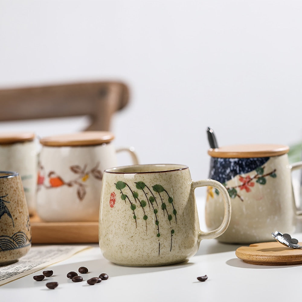 Vintage Coffee Mug Unique Japanese Retro Style Ceramic Cups, 380ml Kiln Change Clay Breakfast Cup Creative Gift for Friends - KMTELL