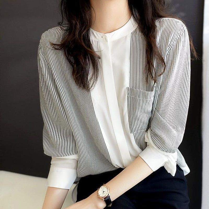 2022 Blusas Female Tops Loose Chiffon Shirt for Women&#39;s Fashion Striped V Collar Long-sleeved Dropshipping Casual Office 0958 - kmtell.com
