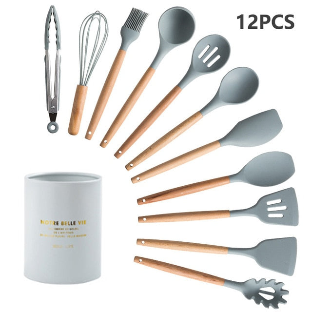 10/11/12/Set Silicone Kitchen Utensil Cooking Non-stick Spatula Shovel Tong Soup Ladle Wooden Handle Stainless Steel Storage Box - kmtell.com