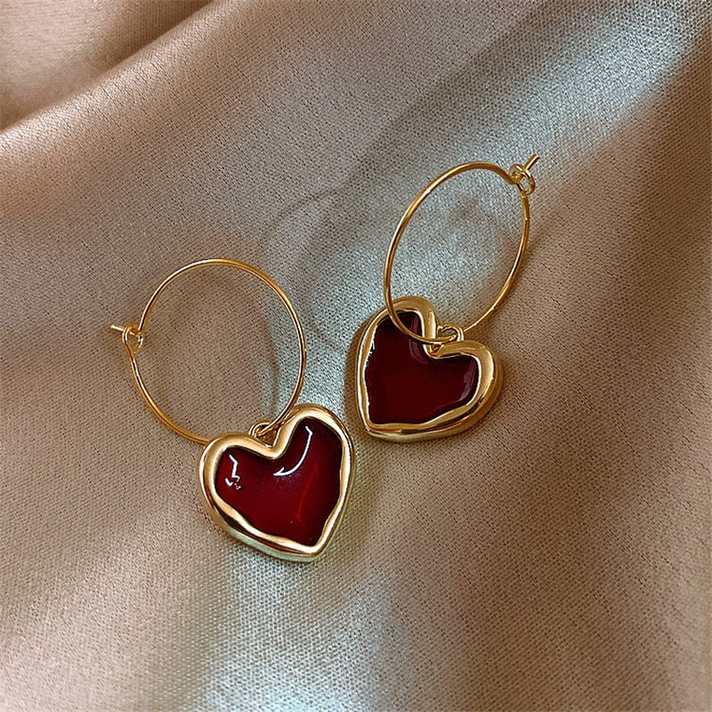 Sweet Burgundy Enamel Heart Earrings for Women Girl Gold Color Metal Love Heart Hanging Dangle Earrings Vintage Jewelry - kmtell.com