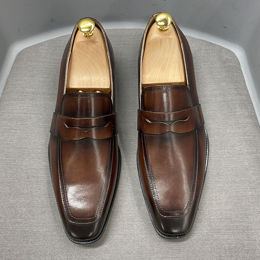 Size 6 To 13 Classic Mens Penny Loafers Genuine Cow Leather Dress Shoes Brown Handmade Slip on Italian Style Office Formal Shoes - kmtell.com