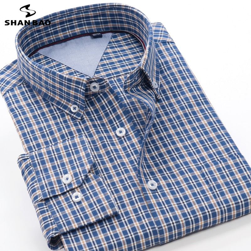 SHAN BAO classic brand spring fashion high-quality plaid shirt business casual elegant men's loose long-sleeved shirt 3XL-10XL - kmtell.com