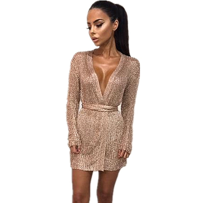 Women Sexy Dress Knitted Sweater Dress Silver Gold Club Party Bodycon Dress Deep V-neck Long Sleeve Cardigan Robe with Belt 2018 - kmtell.com