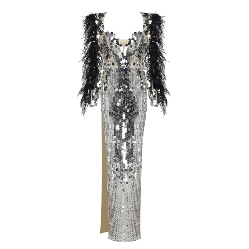 VC Long Dress Women With Black Feather Decoration Long Sleeves Side High Slits Mirrored Round Sequined Square Collar - kmtell.com