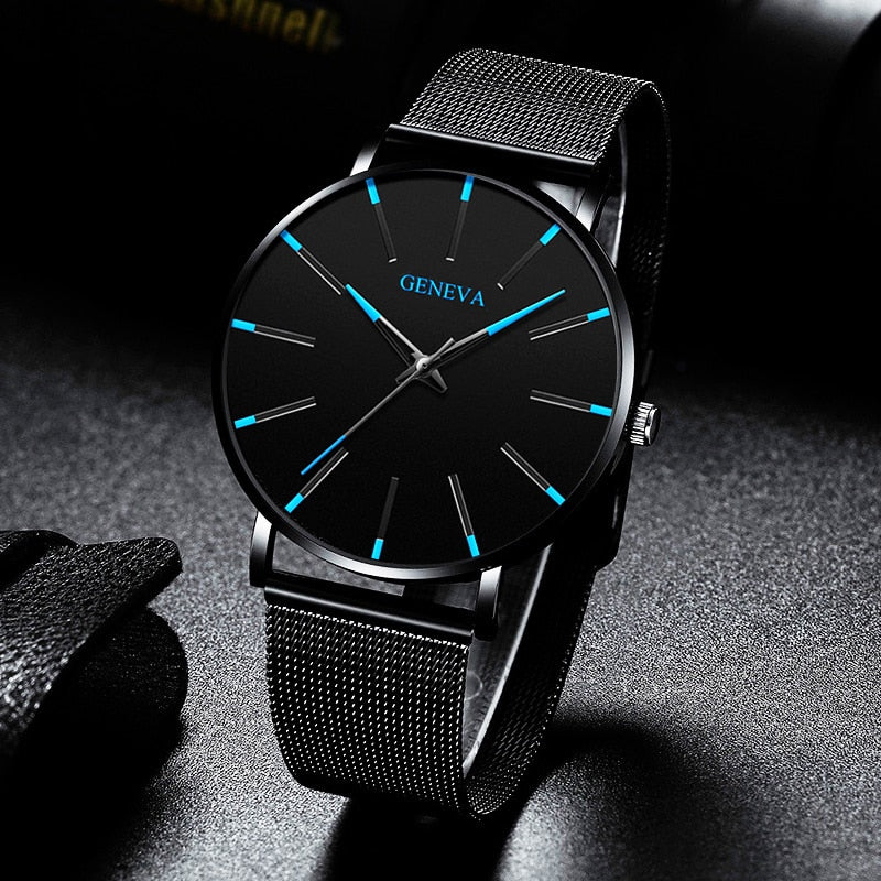 2022 Geneva Minimalist Watch Men Ultra Thin Blue Stainless Steel Mesh Belt Watches Man Business Casual Quartz Wrist Watch - KMTELL