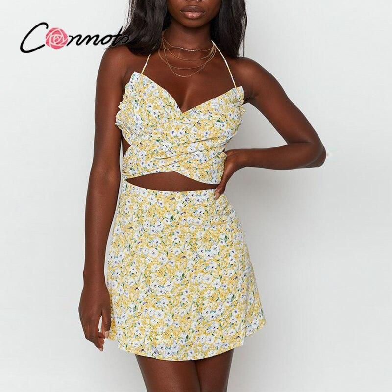 Conmoto Sexy floral print backless cross lace up dresse Summer hollow out halter yellow dress Holiday beach boho dress woman - kmtell.com