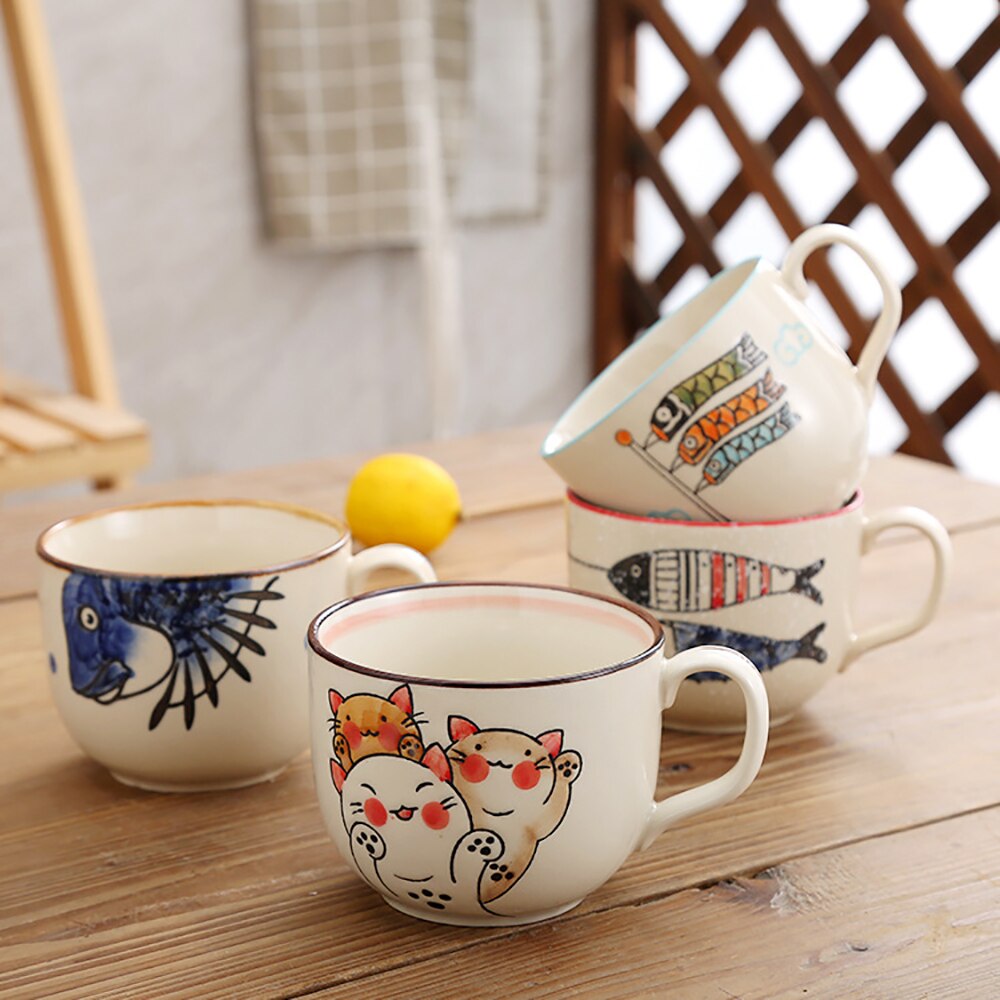 Vintage Coffee Mug Unique Japanese Cartoons Style Ceramic Cups, 500ml Hand Painted Breakfast Cup Creative Gift for Friends - KMTELL