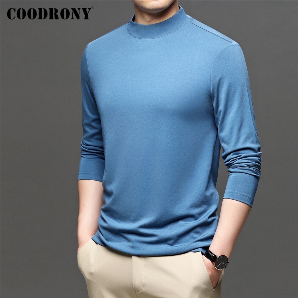 COODRONY Brand Spring Autumn New Arrival All-Match Fashion Casual Pure Color Stand Collar Long Sleeve T-Shirt Men Clothing C5049 - kmtell.com