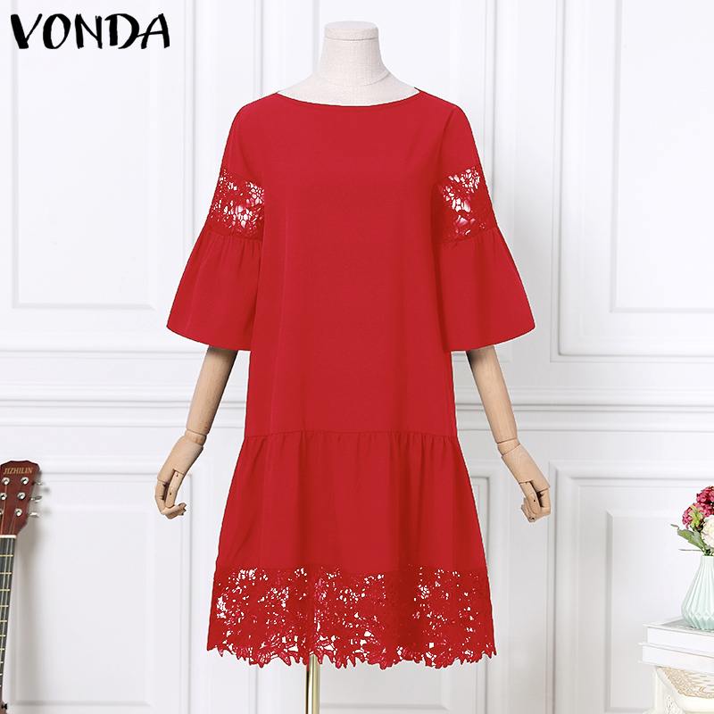 VONDA 2022 Women O Neck Flare Sleeve Plus Size Dresses Ladies Lace Pleated Vestidos Loose A-Lined Beach Sundress 5XL Short Robes - KMTELL