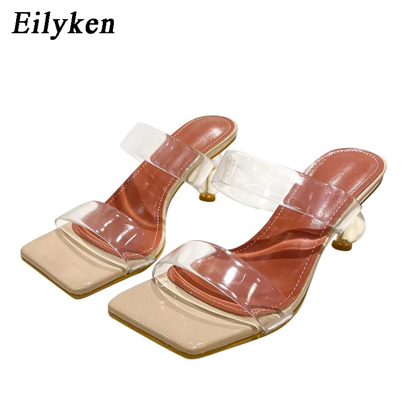 Eilyken 2023 New Summer Square Toe Ladies Slippers PVC Transparent Crystal Strange Style Clear Heel Women Leopard Grain Slides - kmtell.com