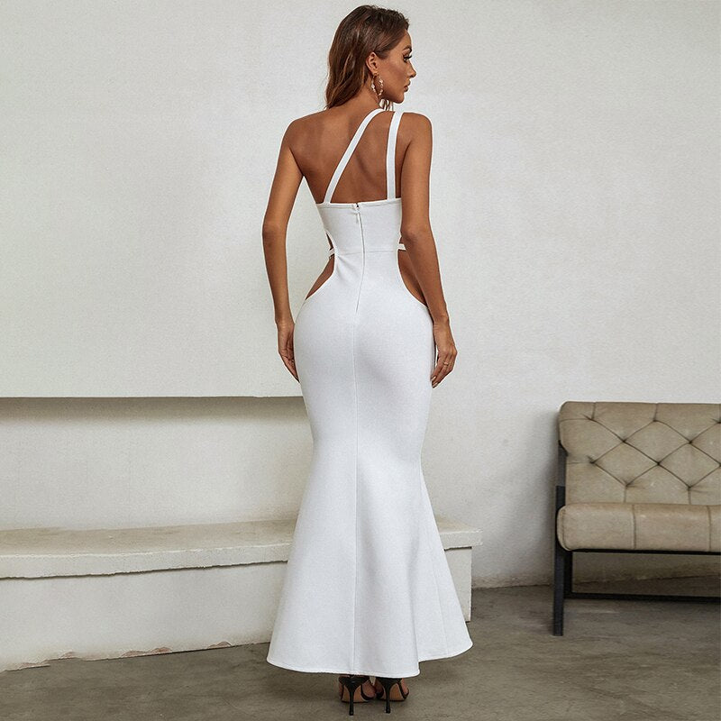 Women Summer Sexy One Shoulder Cut Out Hollow White Maxi Long Bodycon Bandage Dress 2022 Elegant Evening Party Dress Vestido - kmtell.com