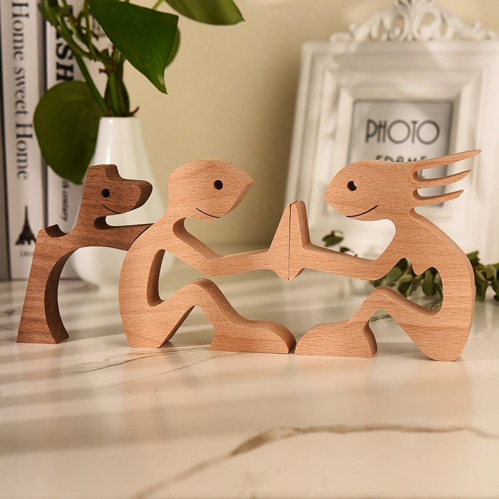 Family Puppy Wood Dog Craft Figurine Desktop Table Ornament Carving Model Home Office Decoration Pet Sculpture Dog Lovers Gifts - KMTELL