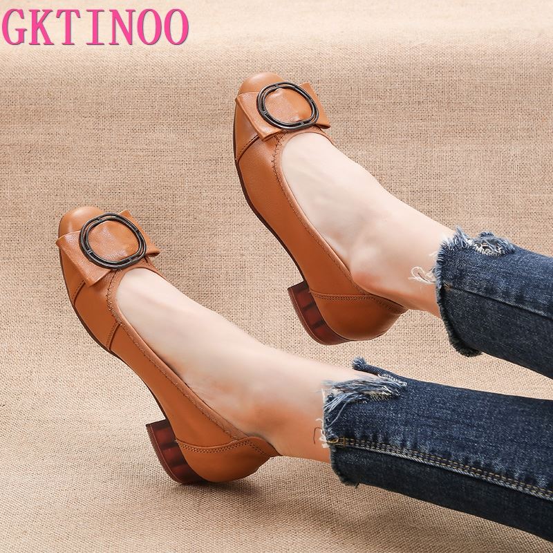 GKTINOO 2022 Genuine Leather Square Toe Pumps Women Shoes Low Heel Shallow Round Buckle Slip-On Leather Casual Shoes For Women - kmtell.com