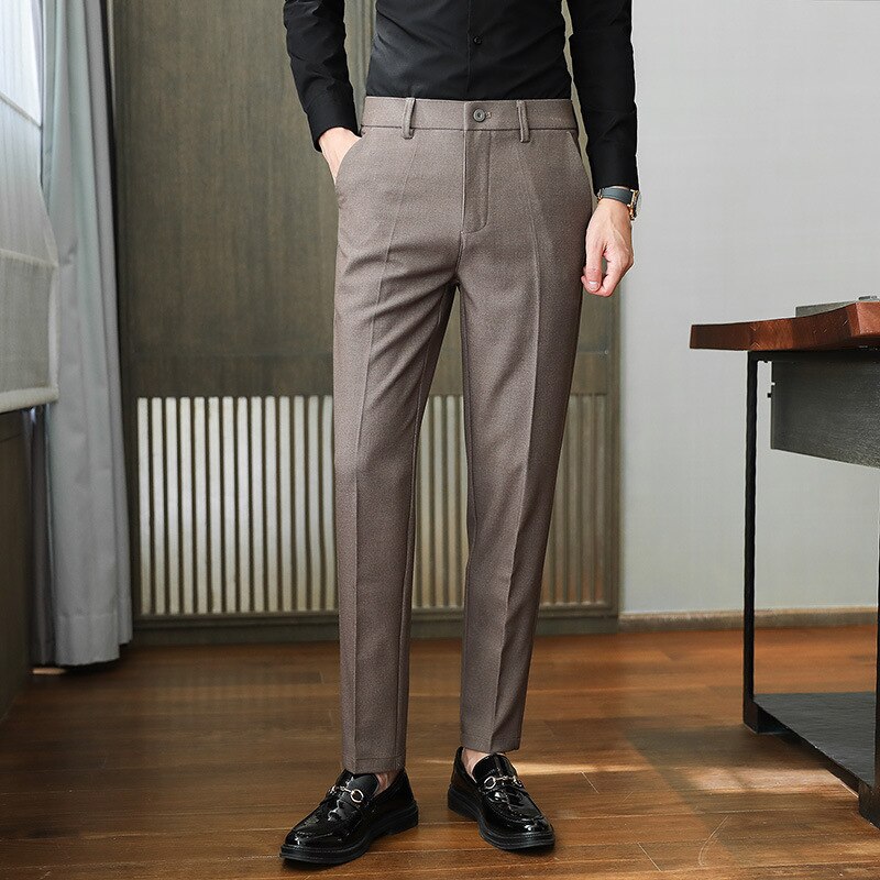 Autumn Suit Pants Korea Style Woolen Dress Pants For Male Office Formal Wedding Business Casual Men Pants Black Brown 2021 - kmtell.com