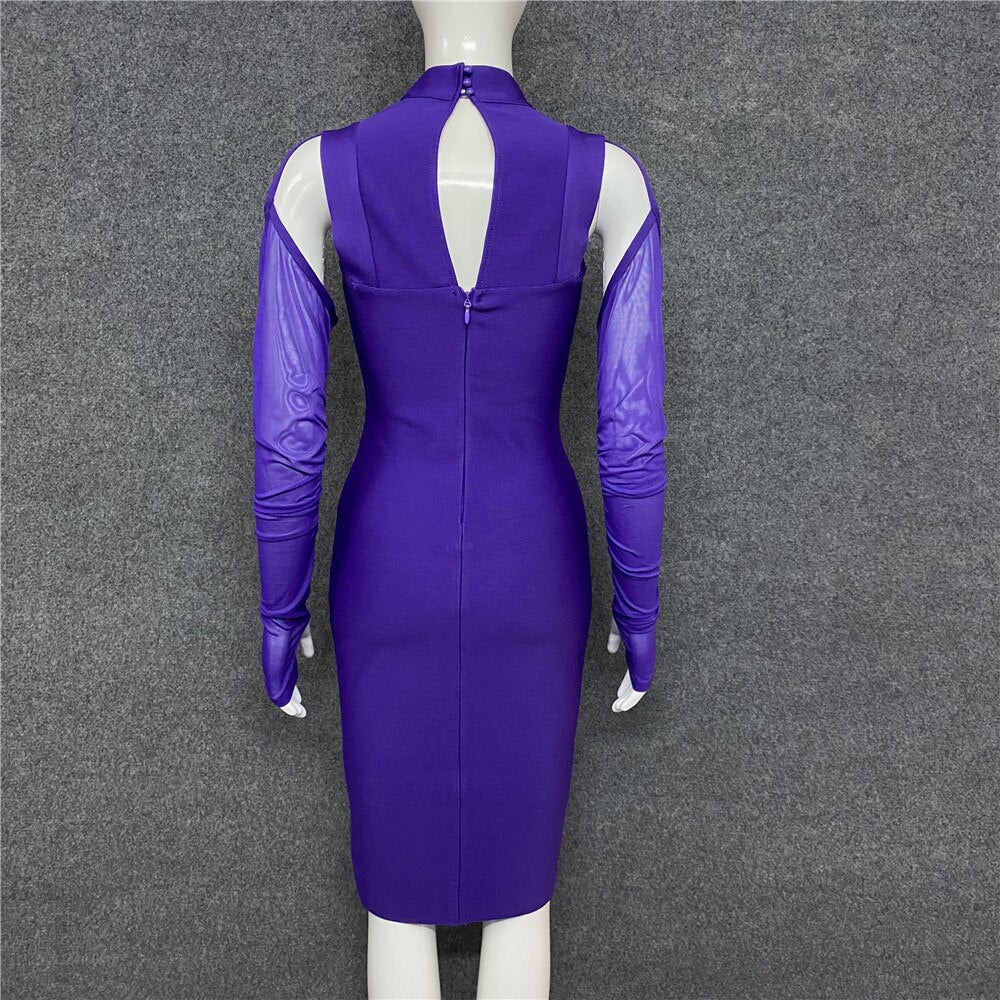Women Winter Sexy Long Sleeve Mesh Purple Bodycon Bandage Dress 2022 Elegant Evening Party Dress - kmtell.com
