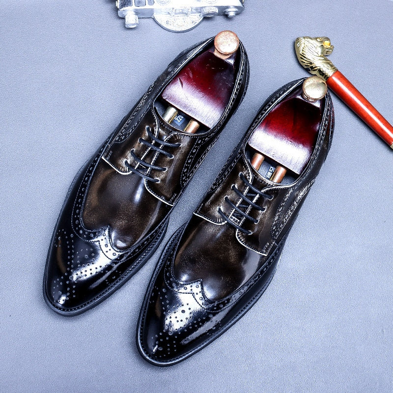 Men&#39;s Casual Leather Shoes Business Dress Shoe British Leisure Glossy Patent Leather Retro Polished Wear-resistant Pointed Shoes - kmtell.com