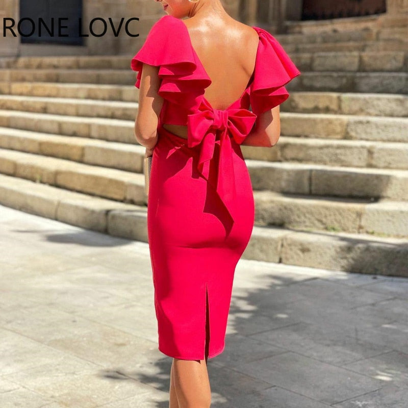 Women Elegant Bowknot Backless Ruffle Sleeves Midi Hollow out Bodycon Red Dresses - kmtell.com