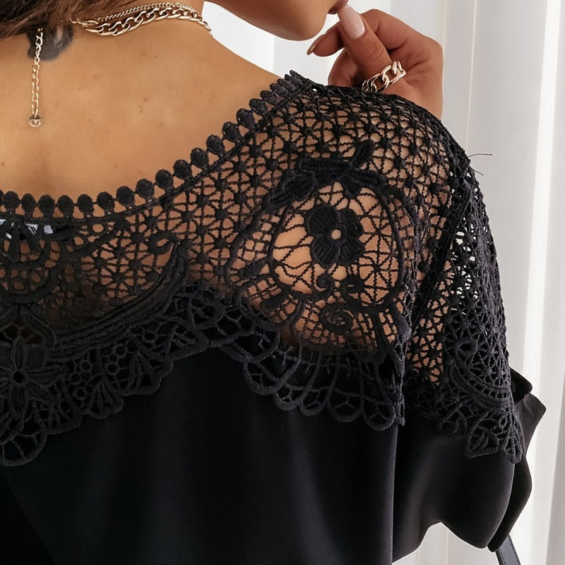 New Crochet Embroidery Lace Blouses Women Autumn Sexy Lace Stitching White Shirts Vintage Elegant Ladies Tops Blusas 12459 - KMTELL