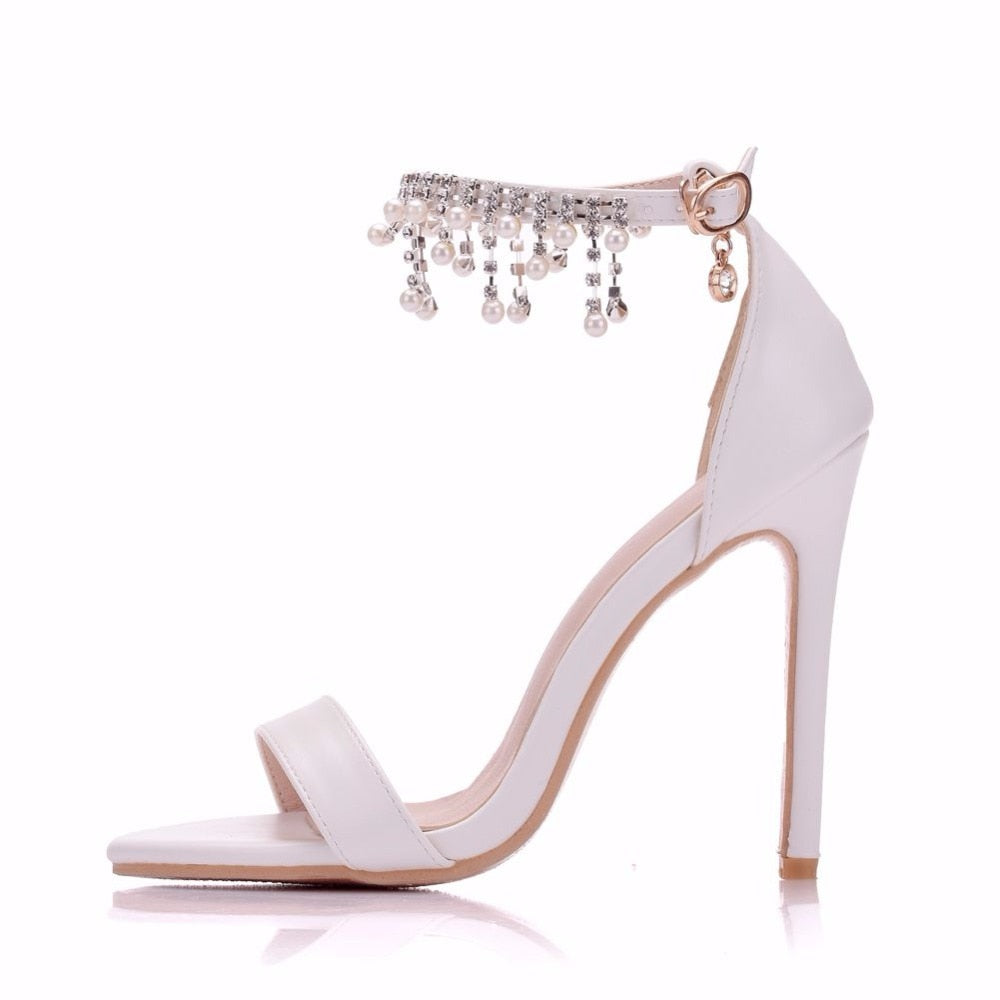 Crystal Queen Elegant Wedding Shoes For Women High Heel Sandals Pearls Tassel Chain Platform White Party - kmtell.com