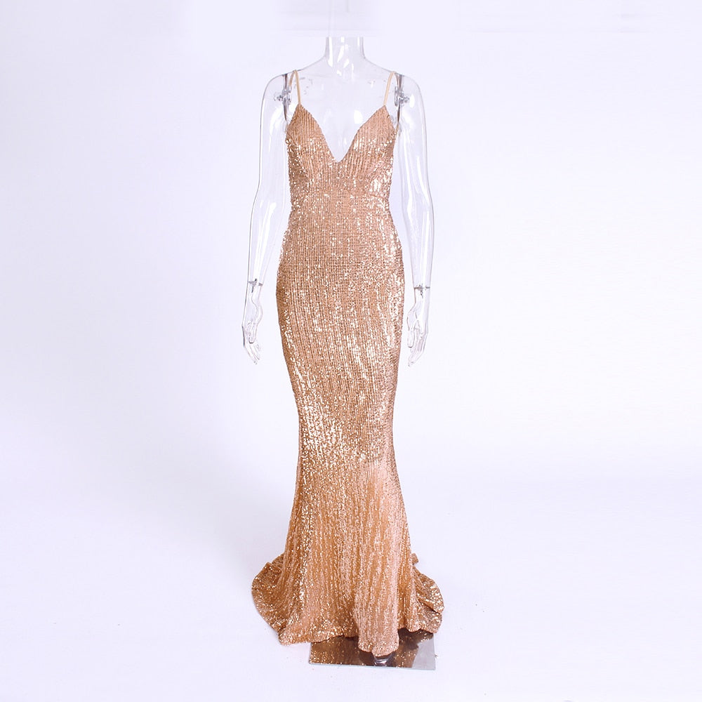 Sexy Open Back Sequined Maxi Dress Floor Length Dress Sleeveless Strapless Deep V Neck Mermaid Party Dress Champagne Gold Silver - kmtell.com